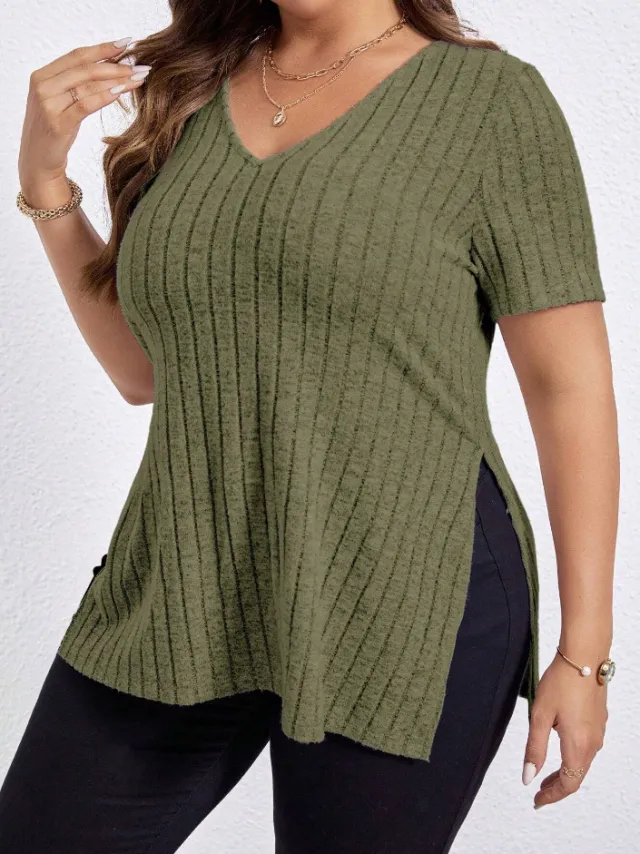 V neck Split Sunken Stripe Brushed Women's Short Sleeve Green - Shop at LoveMi