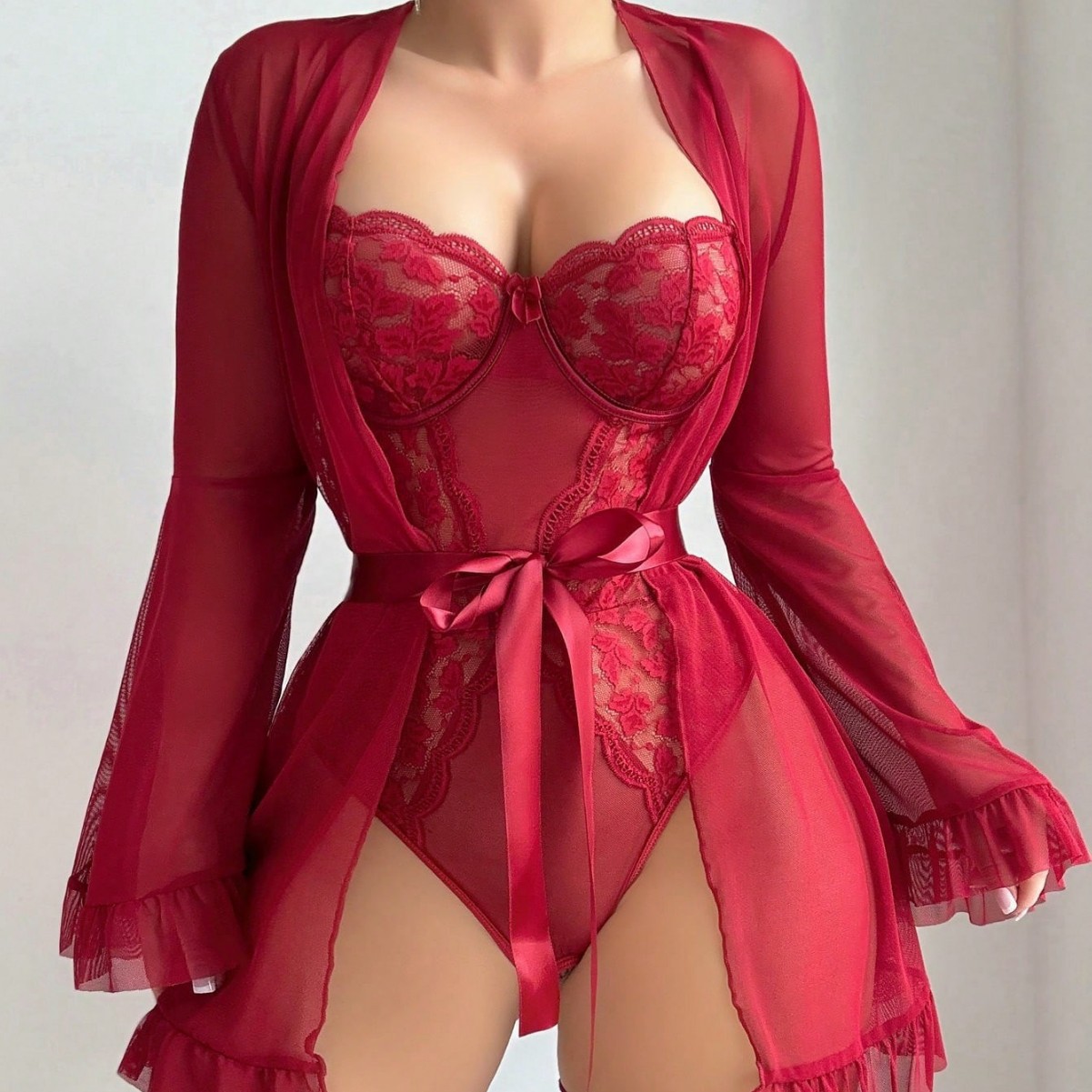 Sexy Lace-Up Bra And Panty Set With Flared Sleeves For Women