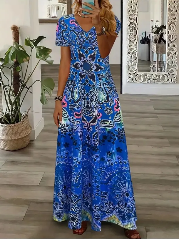 Bohemian Ethnic Style Collar Short Sleeve Women's Long Dress Blue - Shop at LoveMi