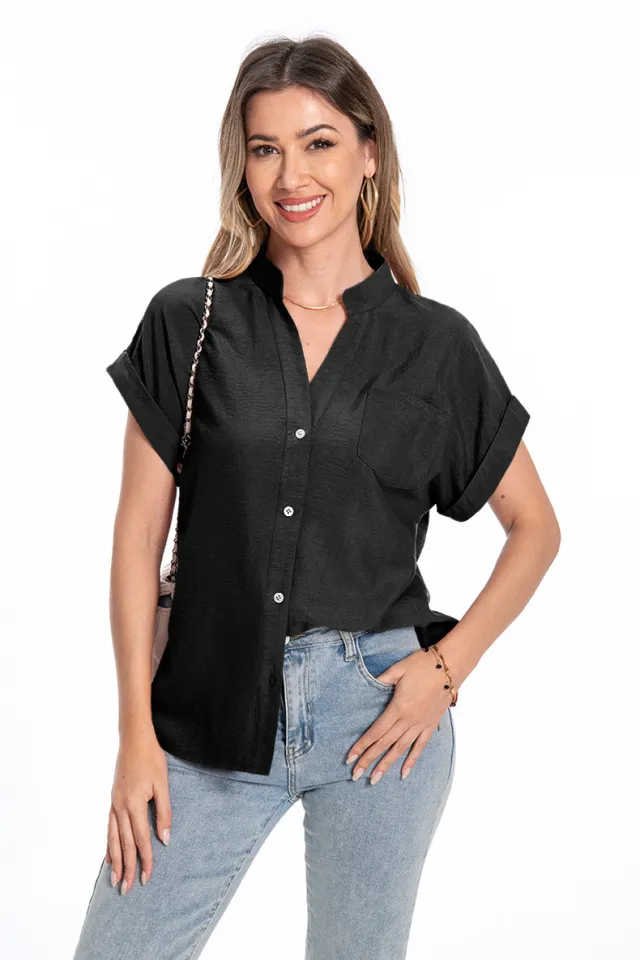 Stand Collar Button Fashion Comfortable Short Sleeve Women's Summer Top Black - Shop at LoveMi