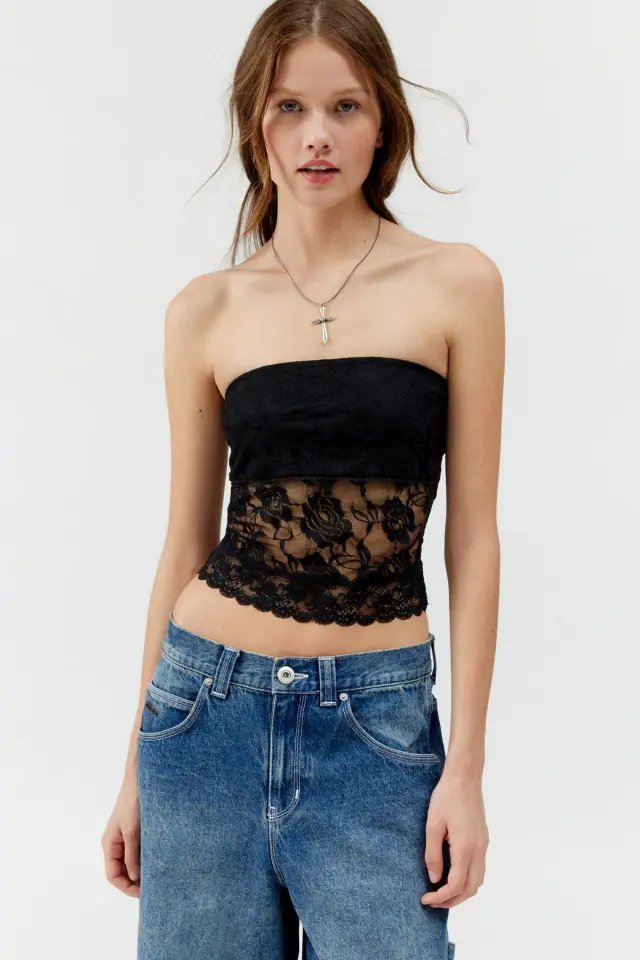 Womens Lace trimmed Sexy Tube Top Vest Black - Shop at LoveMi