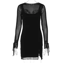 Mesh Slim-fit Slit Hip-wrapped Dress - Black - View 1