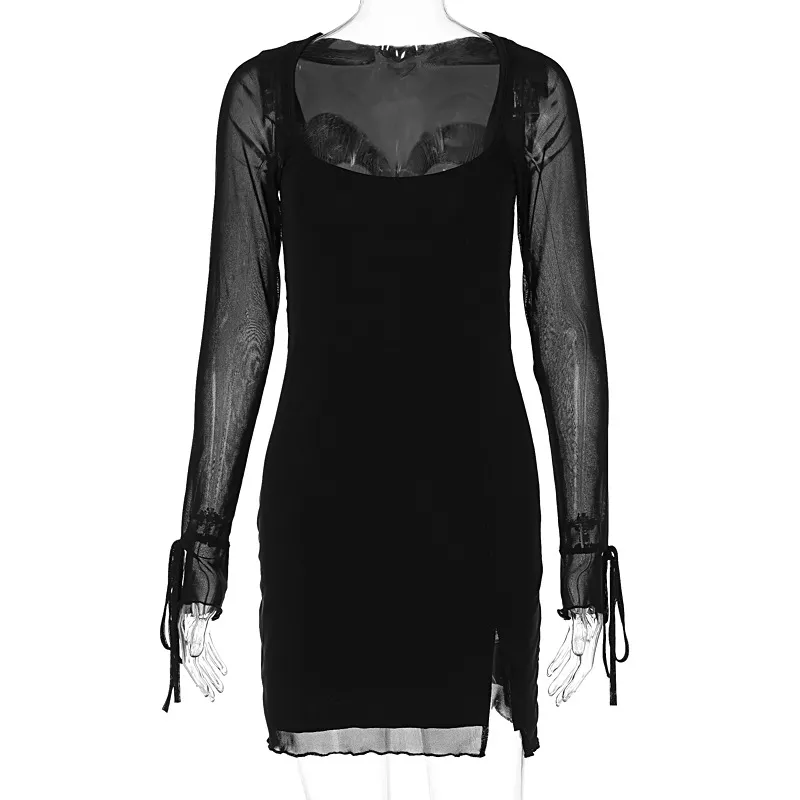 Mesh Slim-fit Slit Hip-wrapped Dress - Black