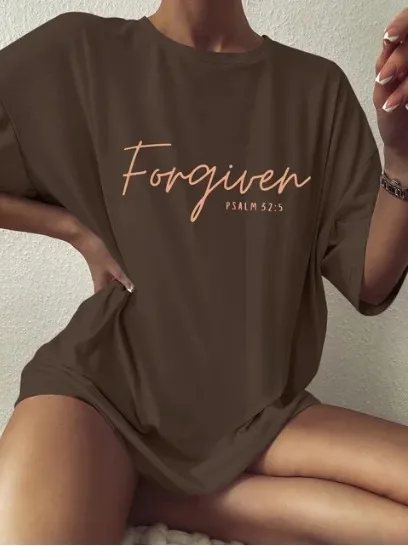 Versatile Simple Letter Print Loose Women's Cotton T shirt Brown - Shop at LoveMi