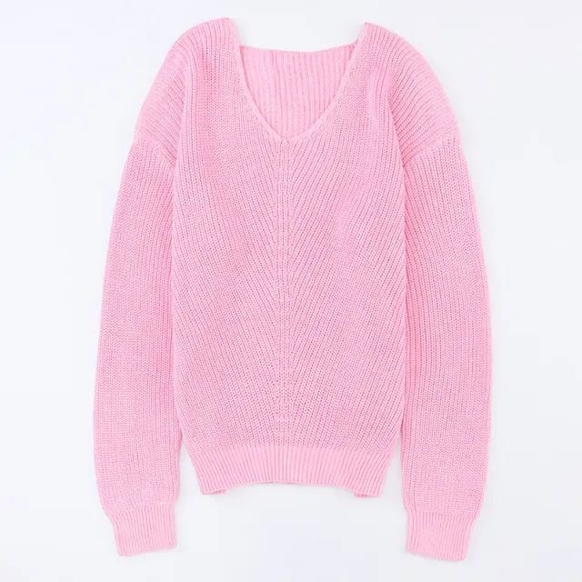 Threaded Long Sleeve Women's Sweater Autumn Slim Fit Pullover Simple Style Top Pink - Shop at LoveMi