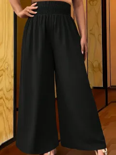 Casual Elastic Waist Summer Plus Size Fashionable Wide-leg Pants - Black - View 1