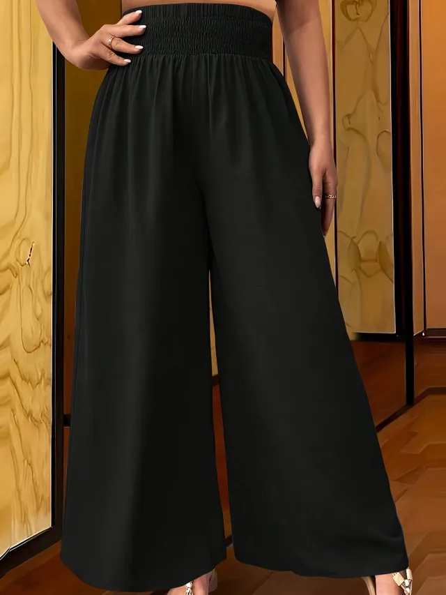 Casual Elastic Waist Summer Plus Size Fashionable Wide leg Pants Black - Shop at LoveMi