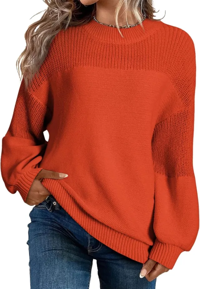 Solid Color Lantern Sleeve Pullover Round Neck Sweater Orange Red - Shop at LoveMi