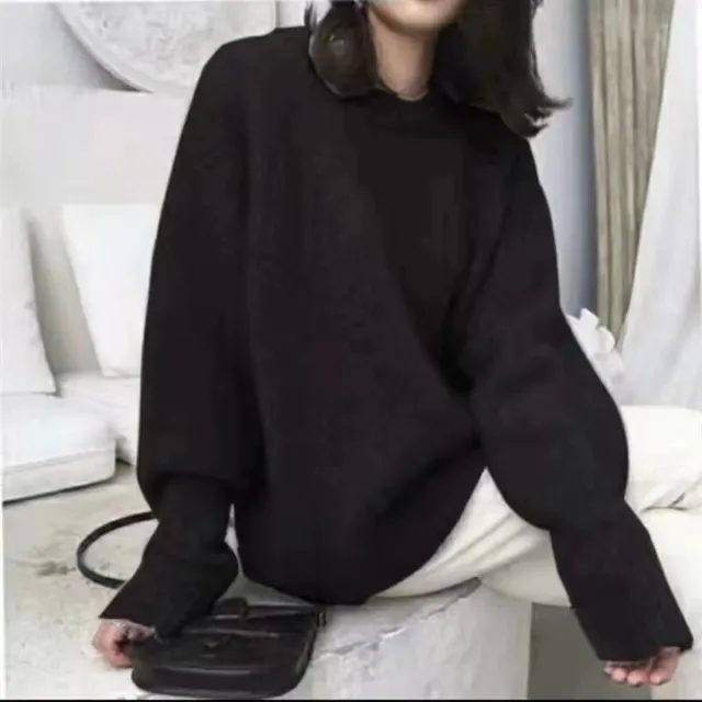 Women's Round Neck Loose And Idle Solid Color Sweater Black - Shop at LoveMi