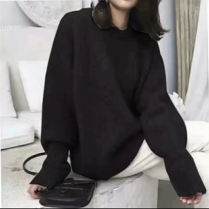 Women's Round Neck Loose And Idle Solid Colour Sweater - Black