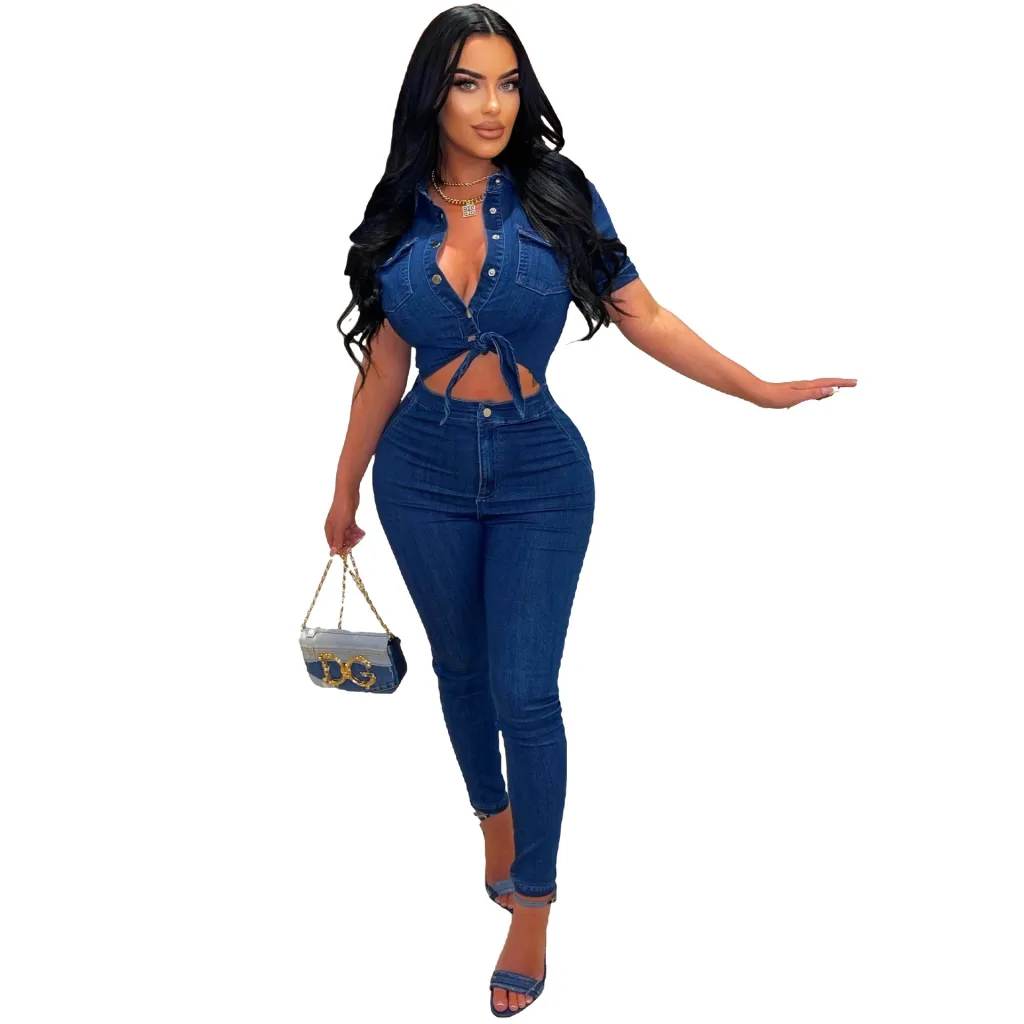 Slim Fit Fashion Short Sleeve Denim Jumpsuit - Dark Blue