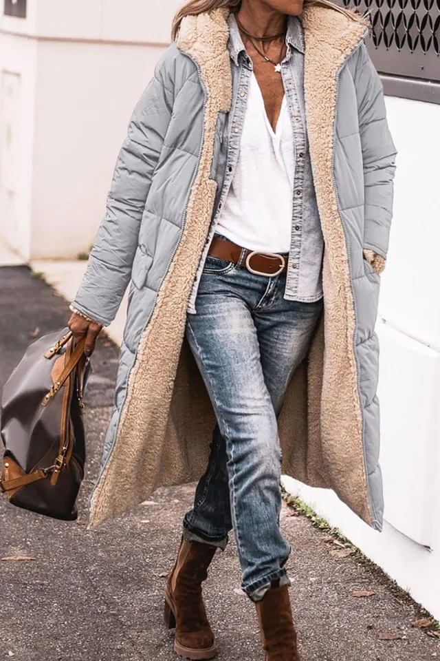 Solid Color Hooded Long Coat Winter Long Sleeve Double sided Wear Slim Elegant Cardigan Jacket Top Women's Clothing Silver - Shop at LoveMi