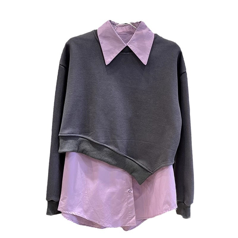 Spring New Solid-Color Lapel Shirt Asymmetrical Cropped Sweatshirt Two-Piece Set