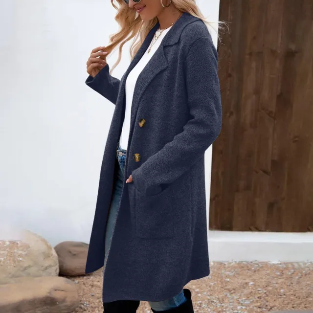 Women's Fashionable All match Mid length Woolen Coat Suit Jacket Blue - Shop at LoveMi