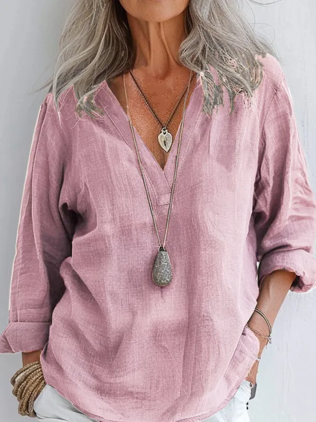Fashionable Long Sleeved Cotton Linen Solid Color Vintage V Neck Pullover Shirt Pink - Shop at LoveMi