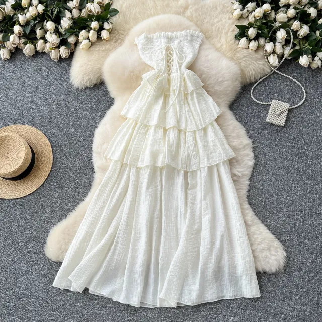 Design Sense Lace up Waist controlled Sleeveless Tube Top Ruffled Long Skirt Apricot - Shop at LoveMi