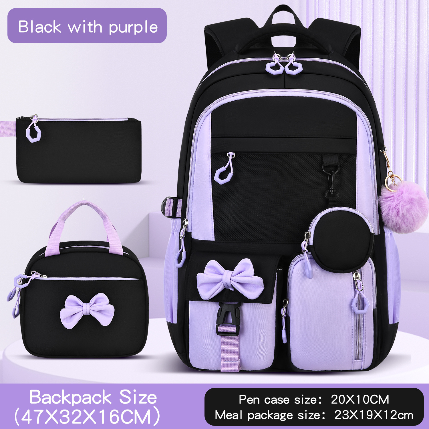 Simple Three-Piece Backpack Set For Elementary And Middle School Students Black Purple 3PCs