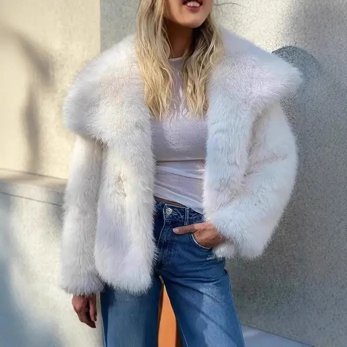 Fox-fur Collar Short-length Faux Fur Coat