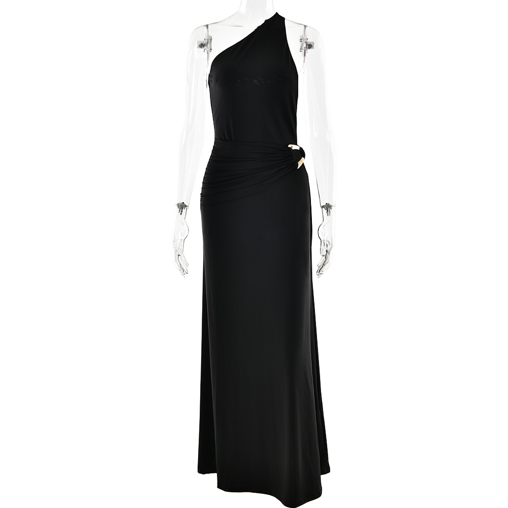 Elegant Fashion Slant Shoulder Women Dress Sexy Backless Metal Decoration Slim Solid Color