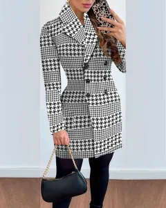 Women's Long-sleeved Double-breasted Suit Collar Printed Coat - Houndstooth - View 1