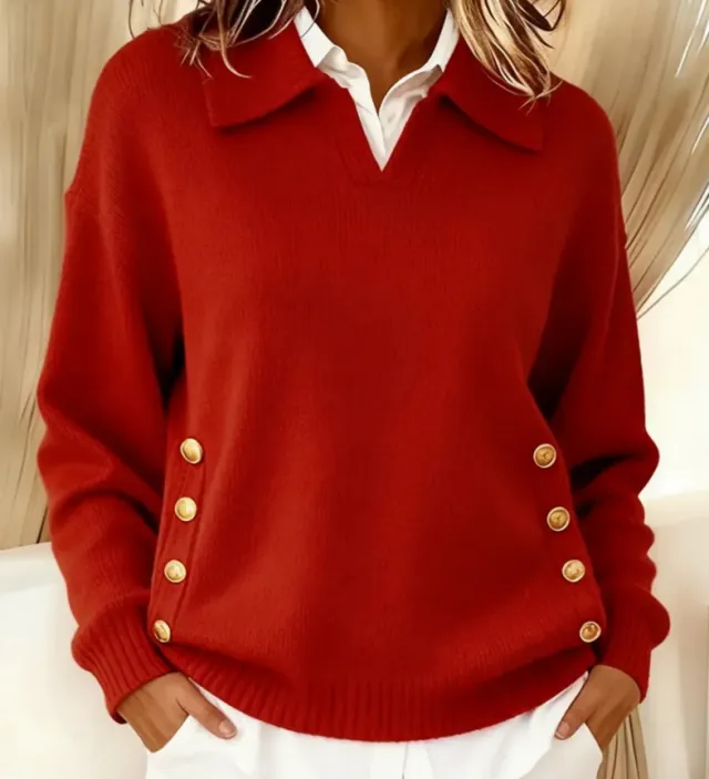 Turn down Collar Button down Collar Pullover Women's Long Sleeve Red - Shop at LoveMi