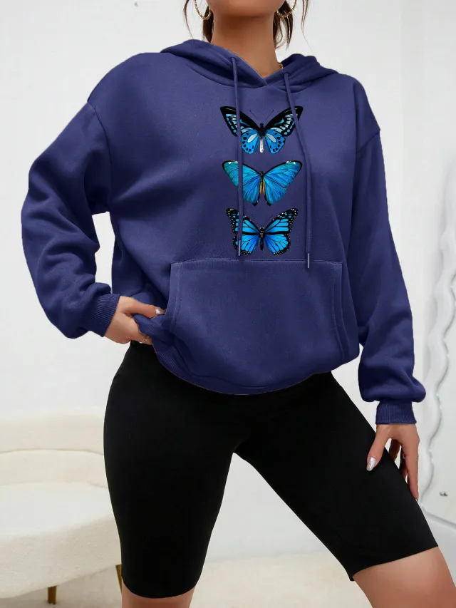 Sweet Hooded Long Sleeve Street Hipster Printed Pullover Sweatshirt Darkblue - Shop at LoveMi