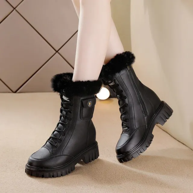 Snow Boots For Women Non Slip Outdoor Height Increasing Insole Thick Bottom Fleece lined Black - Shop at LoveMi
