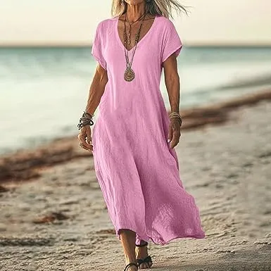 Loose Solid Color And V neck Cotton And Linen Dress Pink - Shop at LoveMi