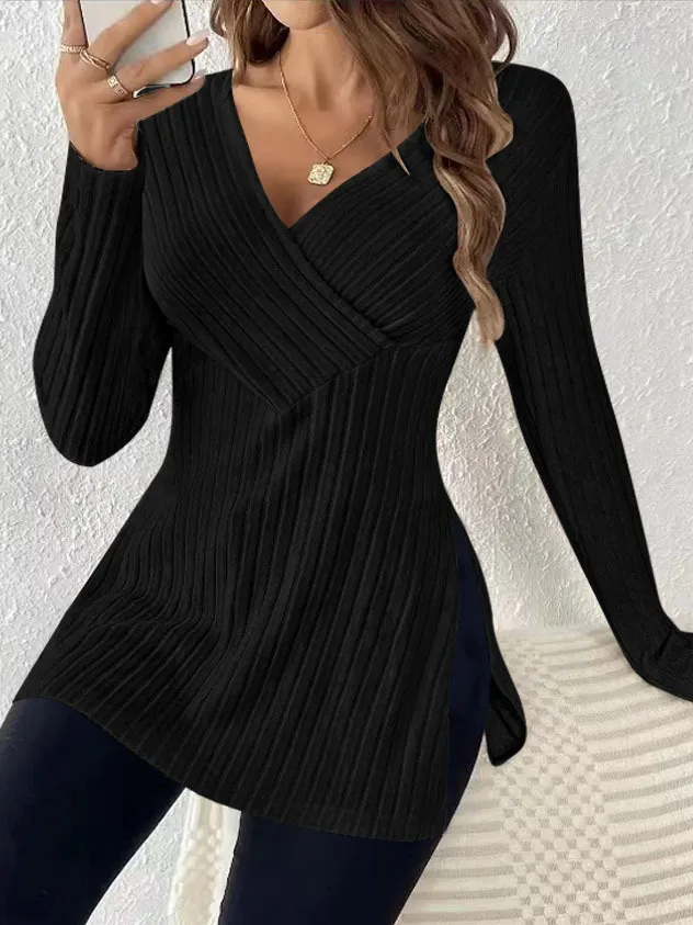 Long Sleeve Solid Color And V neck Leisure Pajamas Sunken Stripe Top Black - Shop at LoveMi