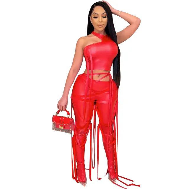 Women's Sexy Two piece Suit Vest Strap Suit Faux Leather Pants Red - Shop at LoveMi