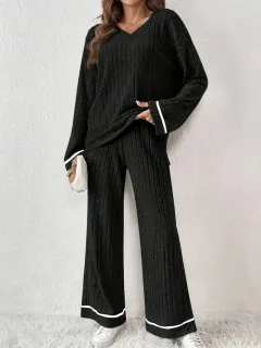 Black Striped Loose-fitting Sanding Sunken Stripe Simple Homewear Suit - Black - View 1
