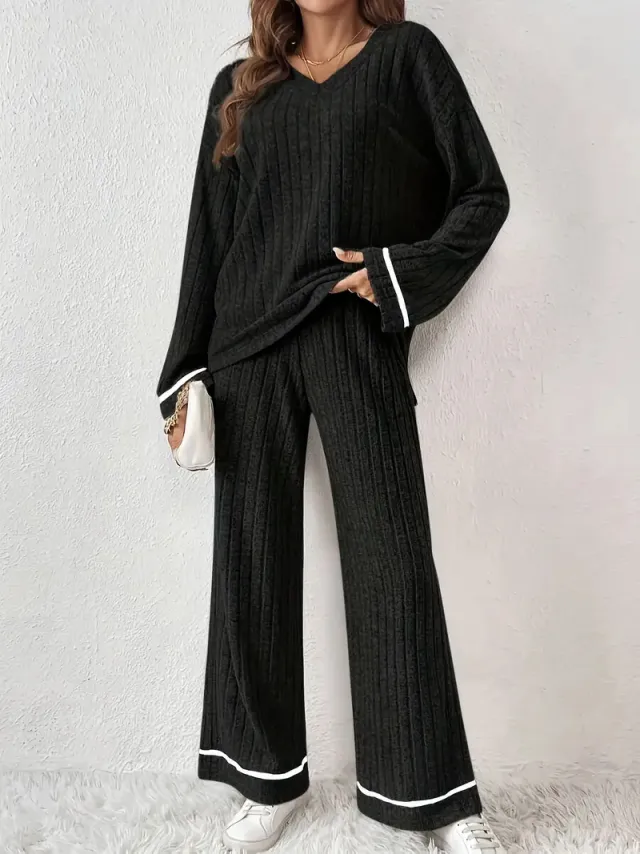 Black Striped Loose fitting Sanding Sunken Stripe Simple Homewear Suit Black - Shop at LoveMi