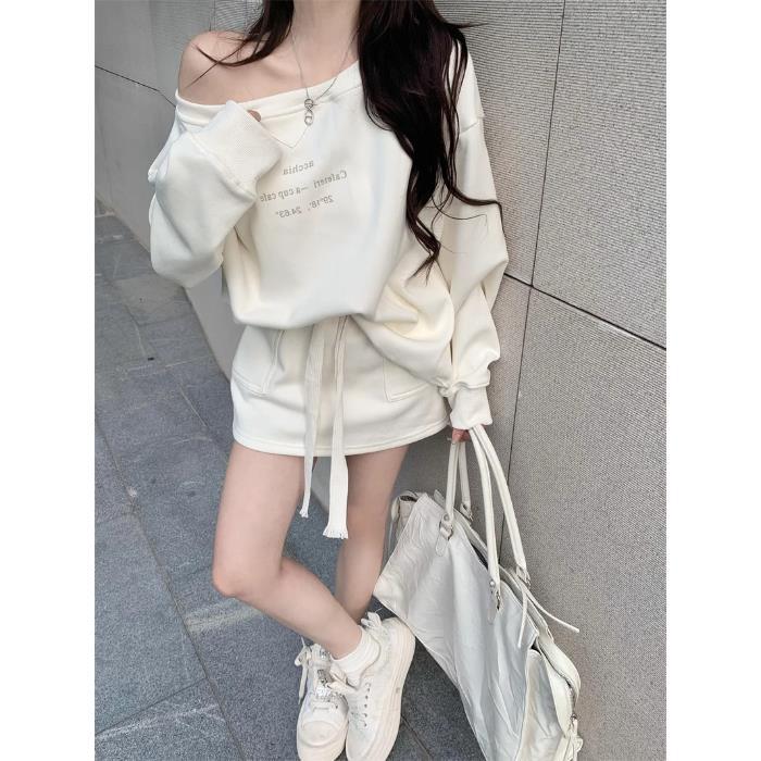 Off shoulder Floral Print Long Sleeve Pullover Skirt Suit Beige - Shop at LoveMi