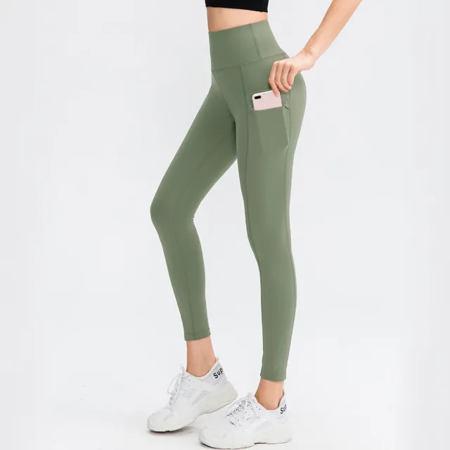 Double sided Sanding Nude Feel Yoga Pants Pocket High Waist Hip Lift Fitness Elastic Pants Army Green - Shop at LoveMi