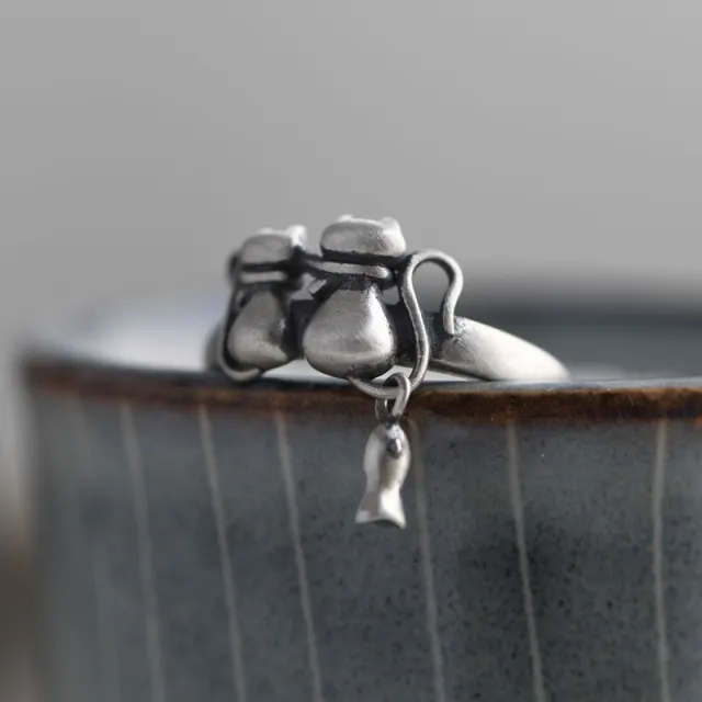 Vintage Distressed Couple Kitten Open Ring Little Flower Cat Ring - Shop at LoveMi