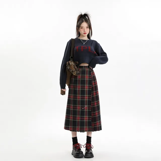 Design High Waist A Line Slimming Mid length Casual Skirt Plaid Free Pin - Shop at LoveMi