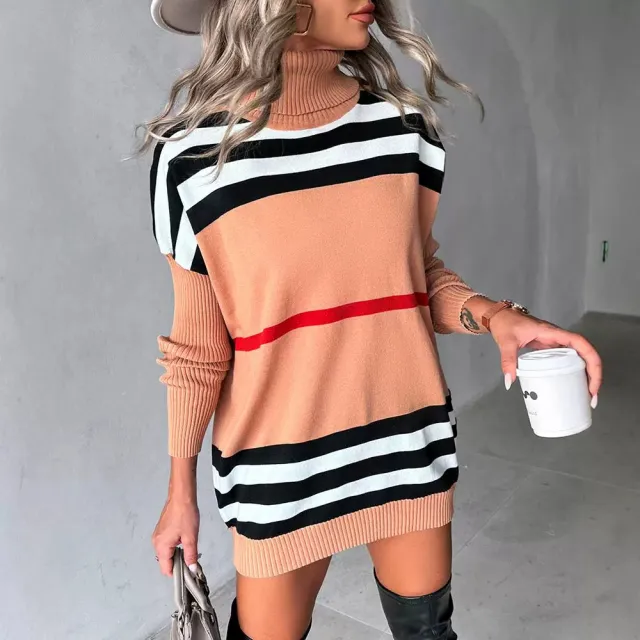 Women's Fashion Striped Contrast Color Turtleneck Sweater Orange - Shop at LoveMi