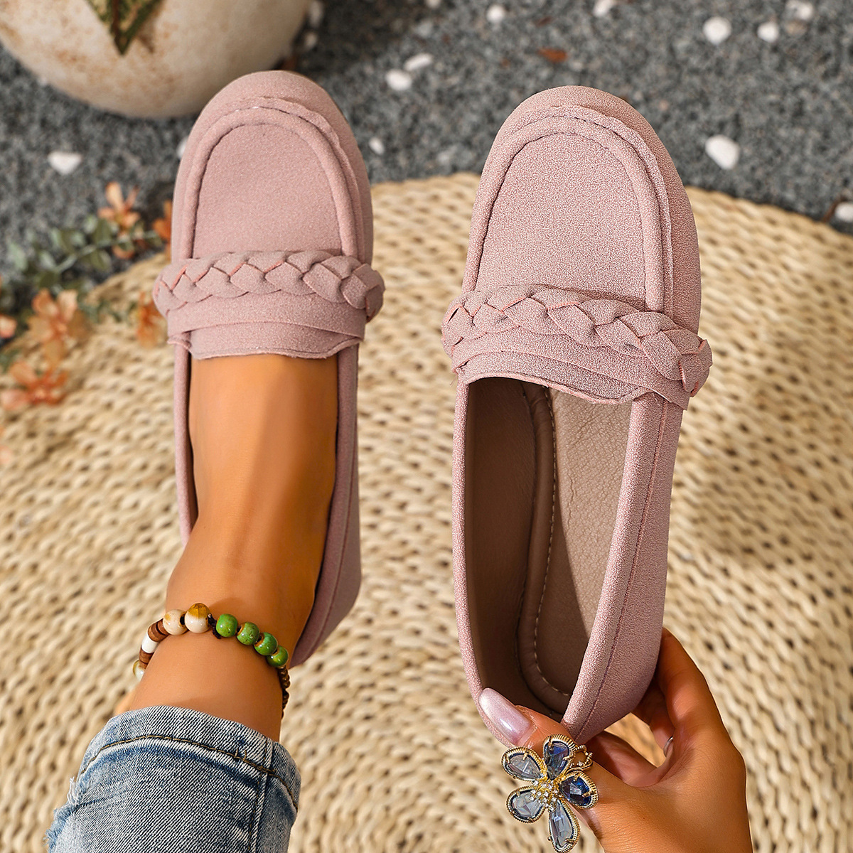 Braided Cable Lightweight Low-Top Loafer Shoes For Women