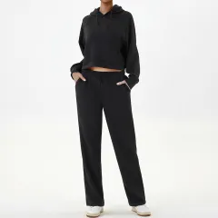 Casual Sweatshirt Sports Outfit Top Wide Leg Pants Two-piece Set - Black - View 1