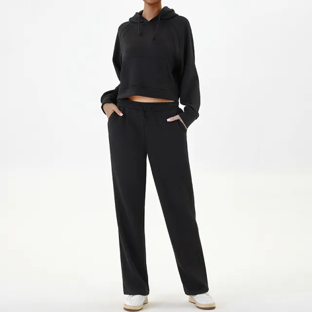 Casual Sweatshirt Sports Outfit Top Wide Leg Pants Two piece Set Black - Shop at LoveMi