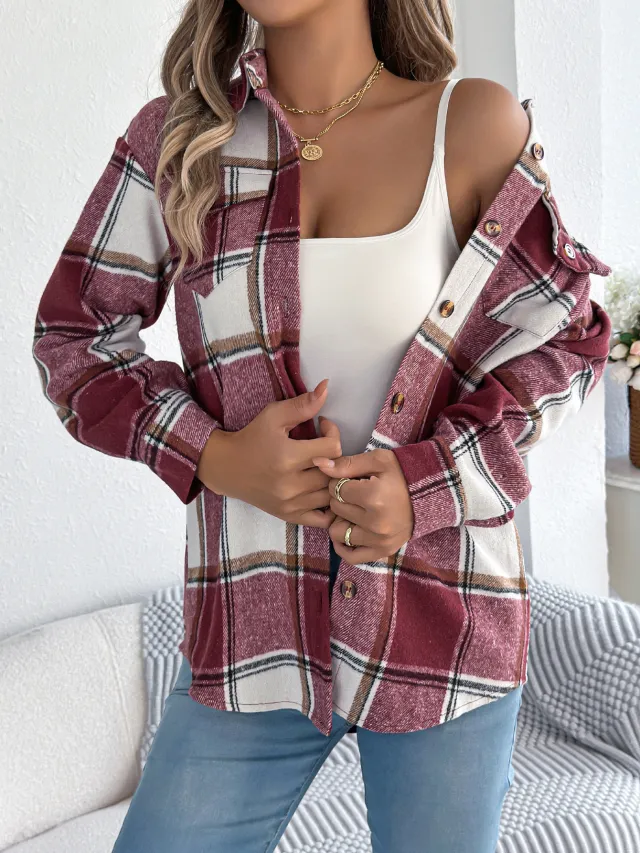 Women's Casual Plaid Woolen Mid length Coat Red - Shop at LoveMi
