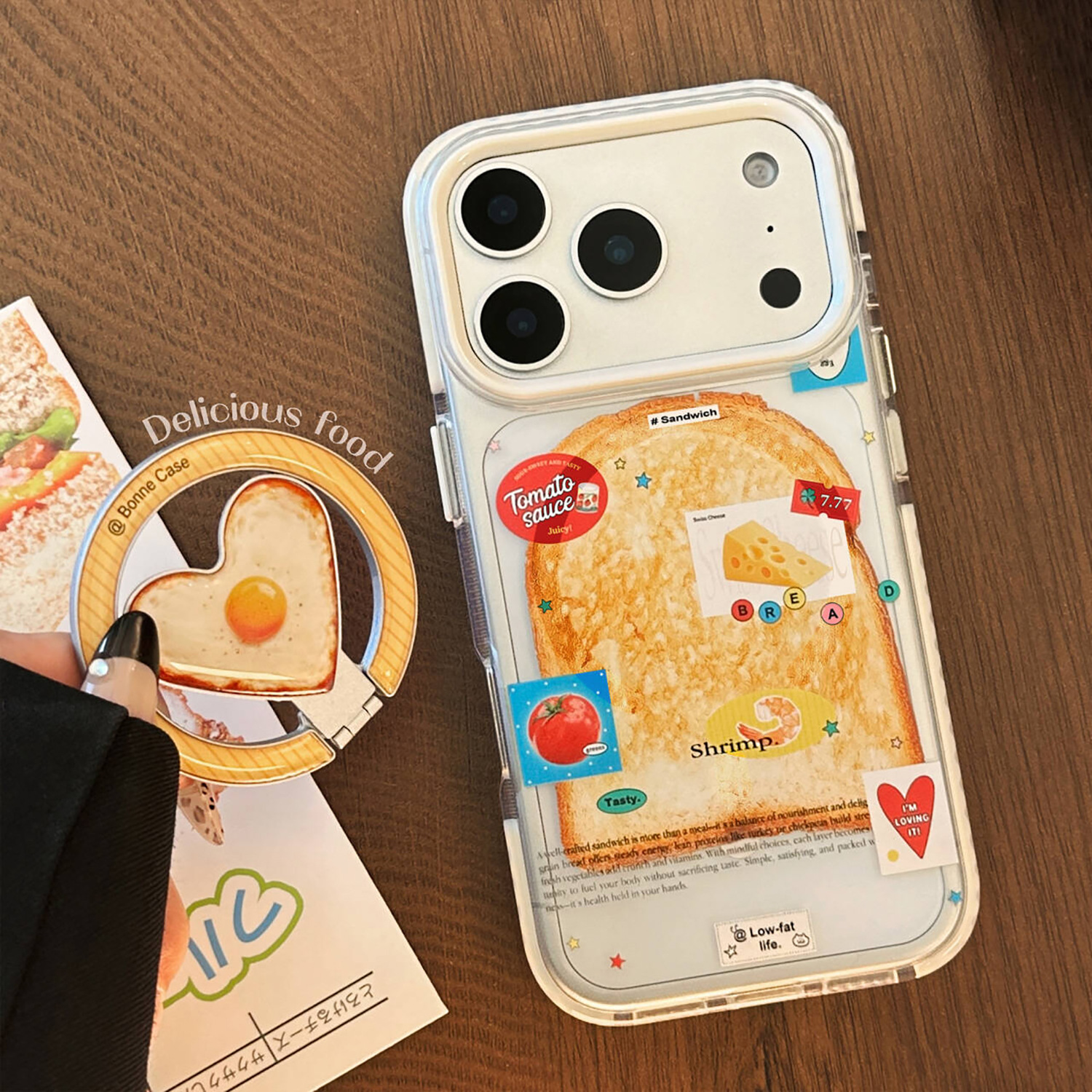 Toast And Fried Egg Heart Shaped Magnetic Phone Stand Case - Transparent Compatible