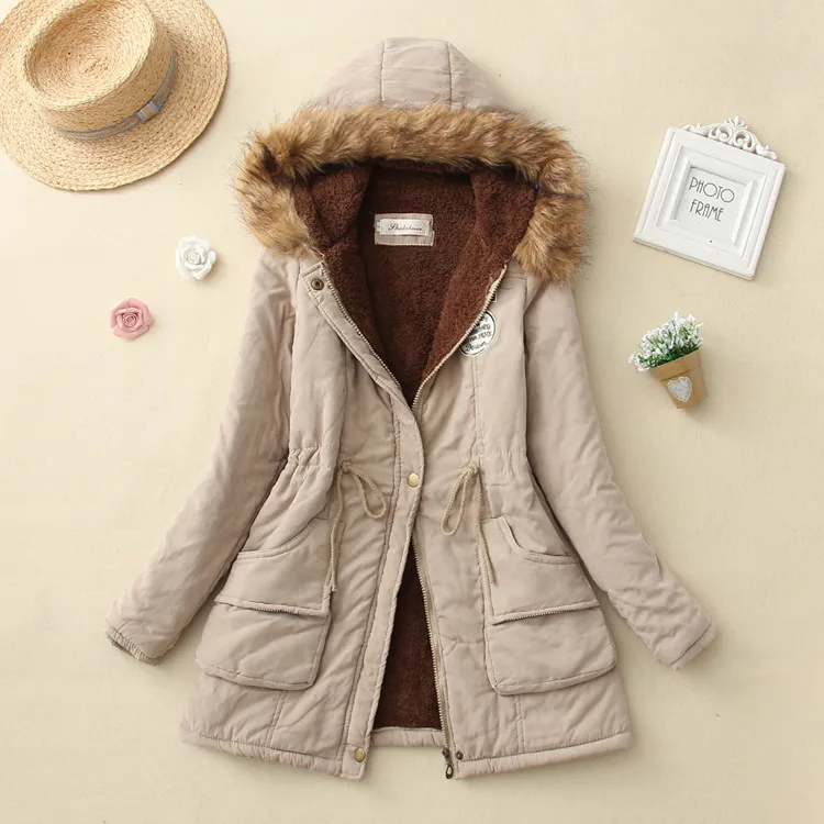 Autumn And Winter New Women's Plus Size Thickened Calibration Long-sleeved Hooded Lamb Wool Cotton-padded Jacket - Khaki