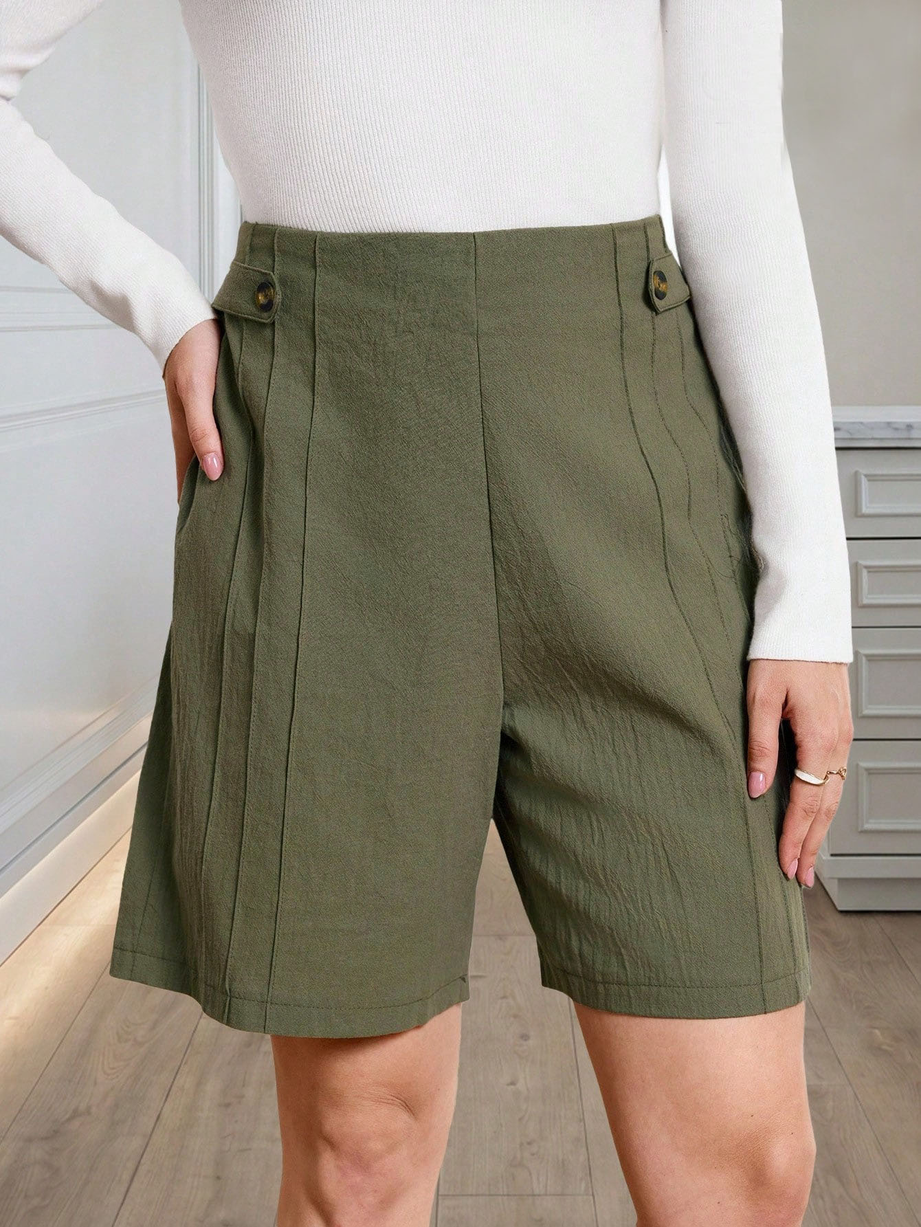 Breathable Linen Blend Mid-Waist Button Shorts for Women