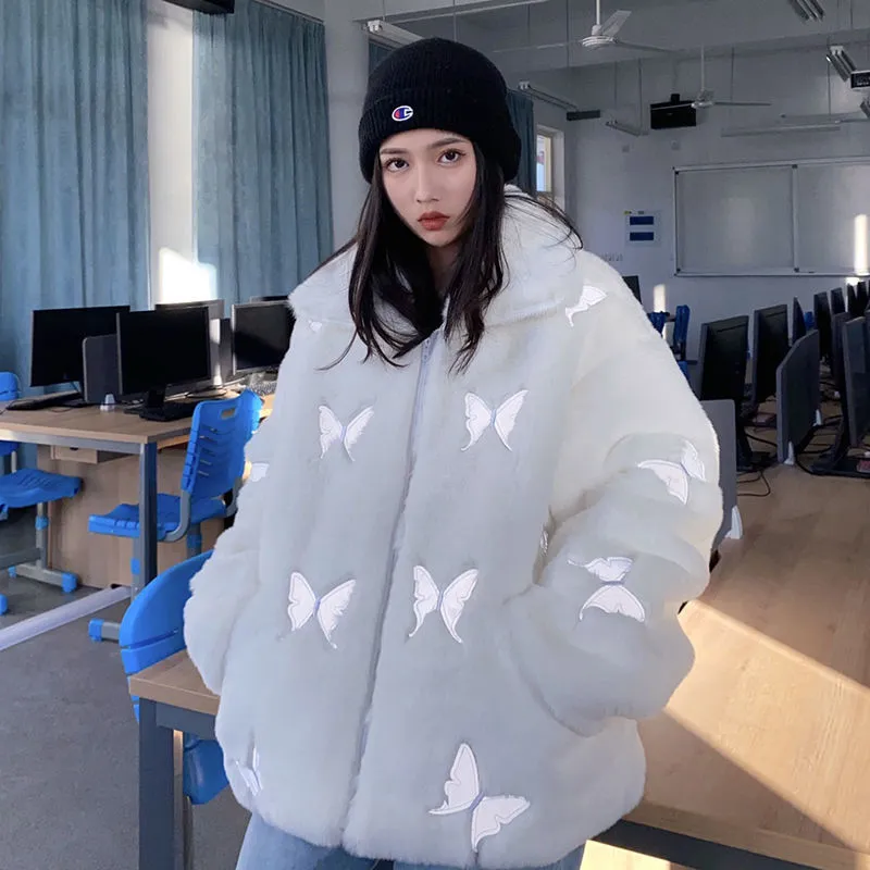 Casual Loose Plush Reflective Faux Leather Coat - White