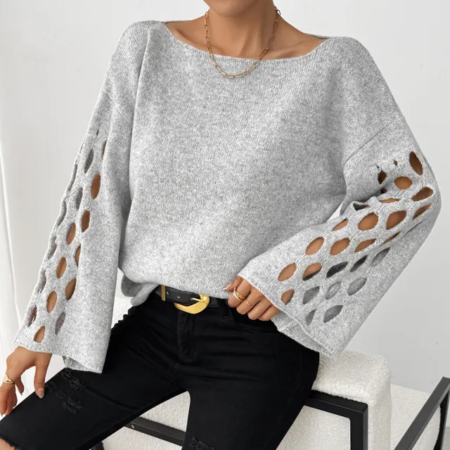 Women's Solid Color Round Neck Long Sleeve Hollow Sweater Gray - Shop at LoveMi
