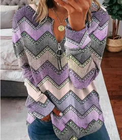 Striped Printed Long-sleeve Zipper Foreign Trade Women's Top - 001 Style - View 1