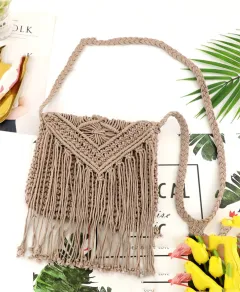 Hand-tied Cotton Tassel Flip Straw One Shoulder Crossbody Woven Bag - Grey - View 1