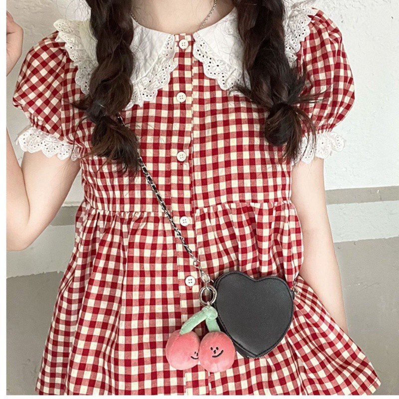 Soft Girl Cute Plaid Doll Collar Lace Puff Sleeve Shirt