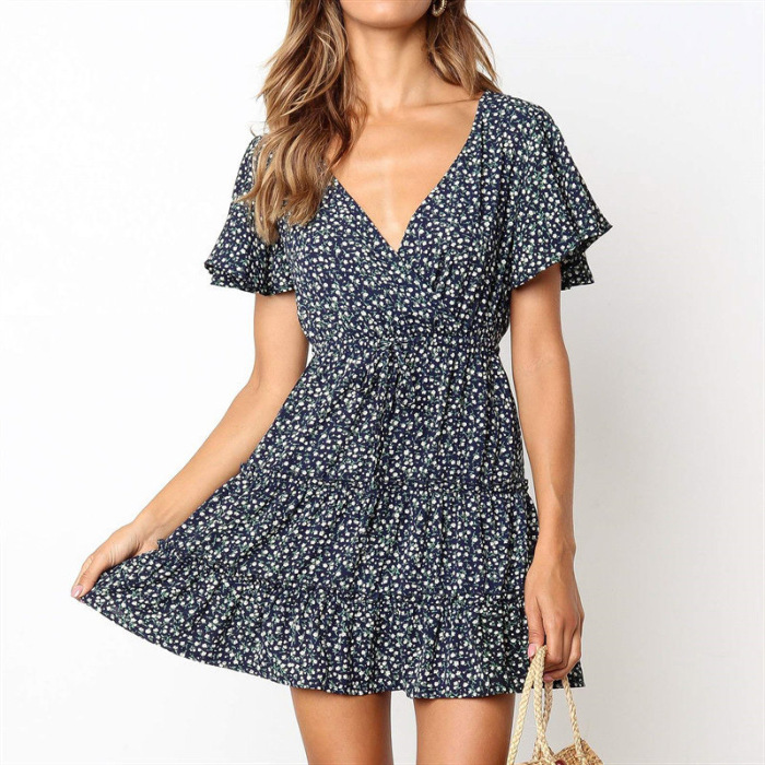 Summer Floral V neck High Waist Lace up Short Sleeve Ruffled Chiffon Dress Navy Blue - Shop at LoveMi